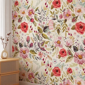 Boho Bouquet Flower Wallpaper. Removable Peel and Stick, Pre-pasted & Traditional paste up Wallpaper