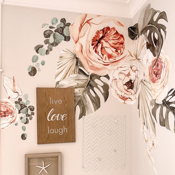 Tropical Blooms Decals - Half Set. Peony and rose, tropical monsterra leaves Removable Wall Decals
