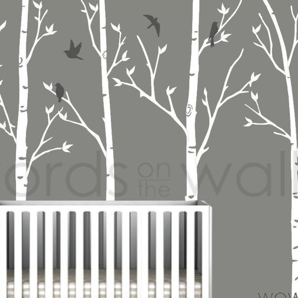 Vinyl Wall Art Decal - Skinny Birch Trees with flying birds. Silhouette Birds. Winter Trees