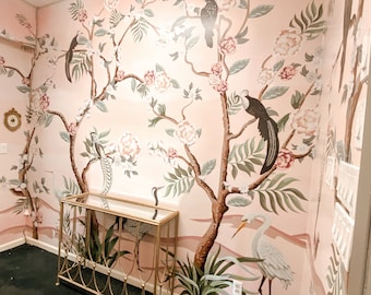 Removable Mural Wallpaper - Tropical Rose. Peony and rose, chinoiserie bird mural.