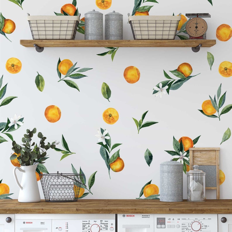 Removable Wall Decals Set of Tangerines and Leaves decals. Oranges, citrus fruit. image 3