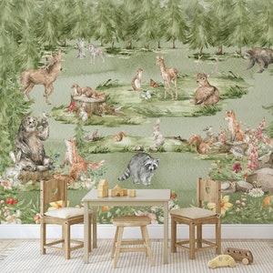 Whimsical Forest Mural Wallpaper - Animals, trees and meadow, woodland creatures, Nursery Peel and Stick Removable