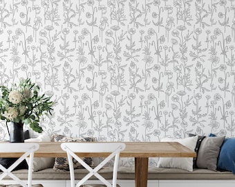 Poppy Fields Flower Wallpaper in Stone. Removable Peel and Stick, Pre-pasted & Traditional paste up Wallpaper