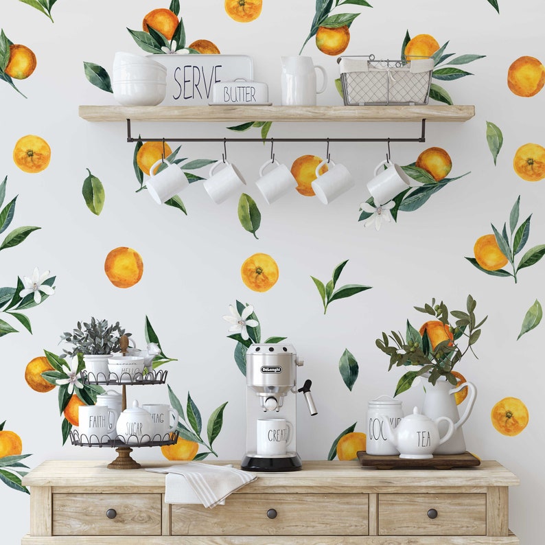 Removable Wall Decals Set of Tangerines and Leaves decals. Oranges, citrus fruit. image 4