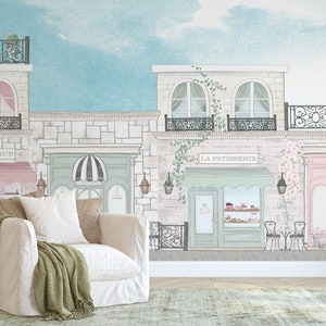 Removable Mural Wallpaper Tea Time in Paris. Blush Pink and pastel green image 3