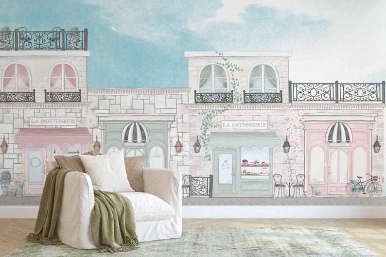 Removable Mural Wallpaper Tea Time in Paris. Blush Pink and pastel green image 3