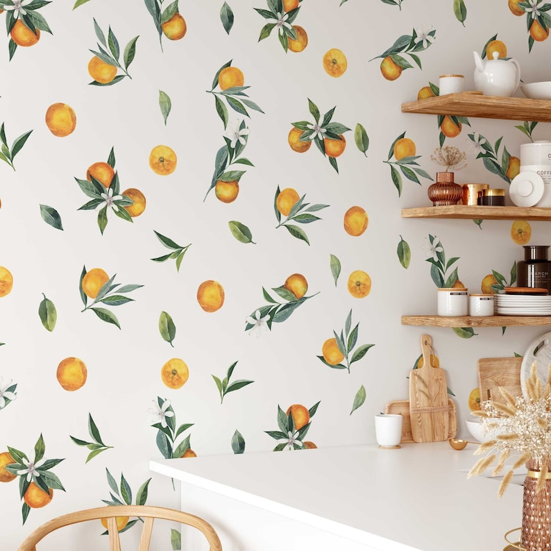 Removable Wall Decals Set of Tangerines and Leaves decals. Oranges, citrus fruit. image 1