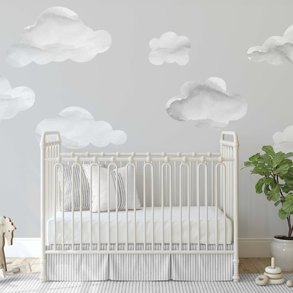 7 Watercolor Cloud wall decals. Kids playroom big fluffy clouds