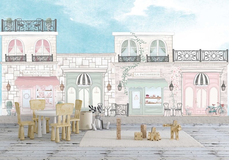 Removable Mural Wallpaper Tea Time in Paris. Blush Pink and pastel green image 2