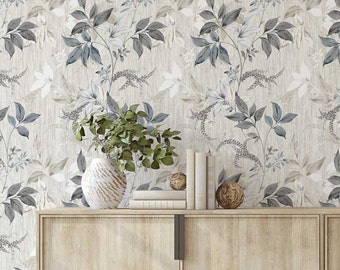 Leaves on Linen Wallpaper. Removable Peel and Stick, Pre-pasted & Traditional paste up Wallpaper