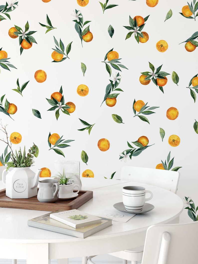 Removable Wall Decals Set of Tangerines and Leaves decals. Oranges, citrus fruit. image 5