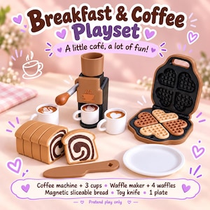 May include: A toy breakfast and coffee playset featuring a black and brown coffee machine, three white cups with latte art, a brown waffle maker with four heart-shaped waffles, a loaf of magnetic sliceable bread, a toy knife, and a white plate.