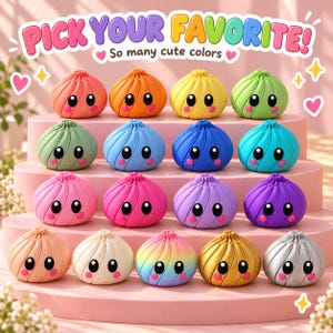 May include: A collection of sixteen small, round, silicone-like dumpling-shaped figures with smiling faces, large black eyes, and pink cheeks. Each figure features a distinct solid color or gradient, including red, orange, yellow, green, blue, purple, pink, white, gold, and silver.