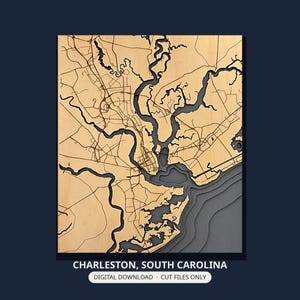 May include: A layered wooden map of Charleston, South Carolina, featuring intricate cutouts of the city's waterways and road networks. The design uses light wood tones for land areas and dark gray layers to represent the depth of the water.