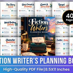 May include: A Fiction Writer's Planning Book containing 40 pages in a high-quality 8.5x11 inch PDF format. The cover displays a teal typewriter, a mug, and a sunset landscape. Surrounding the cover are various planning templates for story elements.