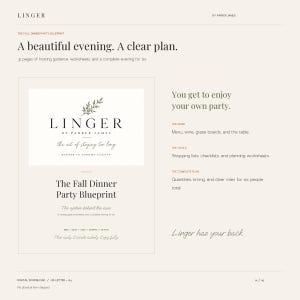 Può includere: Un documento digitale intitolato The Fall Dinner Party Blueprint di Linger. La pagina presenta testo nero su sfondo color crema, incluse sezioni per guide all'organizzazione, liste della spesa e fogli di lavoro per sei persone.