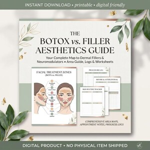 Puede incluir: Una guía estética digital titulada The Botox vs. Filler Aesthetics Guide, que incluye un mapa de zonas de tratamiento facial, registros de procedimientos y rastreadores de rutina de piel con ilustraciones anatómicas y etiquetas.