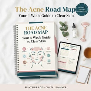 May include: A spiral-bound planner titled The Acne Road Map: Your 4-Week Guide to Clear Skin, featuring a face diagram with acne trigger labels. Includes a digital tablet displaying the same guide, a glass dropper bottle, a facial roller, and a notepad.
