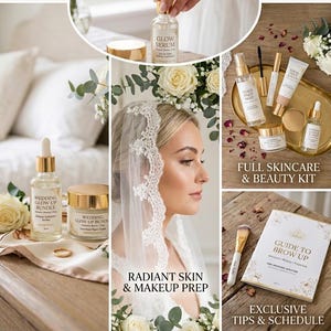 May include: A complete beauty bundle featuring a collection of skincare products including glow serum, prep mist, and night cream, alongside a guide to brow up, all presented with gold-toned packaging and floral accents for a cohesive aesthetic.