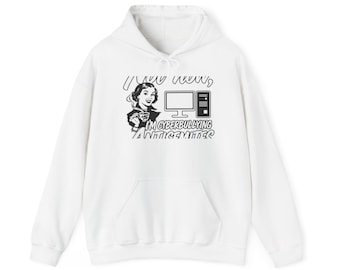 May include: A white hooded sweatshirt featuring a black graphic print of a person holding a cup, a computer monitor, and a tower, with the text "BRB, I'M CYBERBULLYING ANTISEMITES" printed in a bold, stylized font across the chest area.