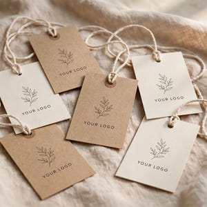 May include: A collection of rectangular paper tags in light beige and brown cardstock, each featuring a printed black line drawing of a leafy branch and the text YOUR LOGO. Each tag includes a hole with a white string loop attached for hanging.