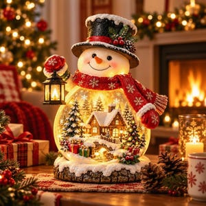 May include: A snowman figurine featuring a black top hat with holly, a red scarf with white snowflakes, and red mittens. The snowman holds a lit lantern, and its body is a clear glass globe containing a miniature snowy village scene with a house, pine trees, and gifts.