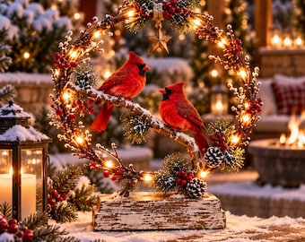 May include: A circular tabletop decoration featuring two bright red cardinal birds perched on a branch within a wreath of pine needles, red berries, and warm white fairy lights, all mounted on a rectangular, distressed white wooden base.