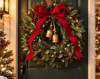 Faux Pine Christmas Wreath, Red Velvet Bow, Gold Bells, Multi-Size Door Decor