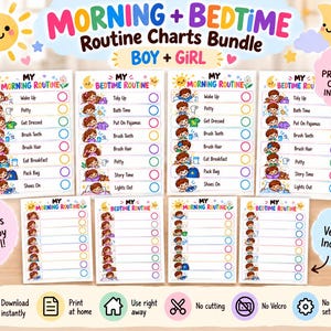 以下が含まれることがあります： 子供向けの印刷可能なルーチンチャート8枚セット。朝と就寝時のタスクがカラフルなイラストで描かれています。男の子用と女の子用の記入済みおよび空白のバージョンが含まれており、My Morning RoutineやMy Bedtime Routineというテキストと、太陽と月のアイコンがデザインされています。