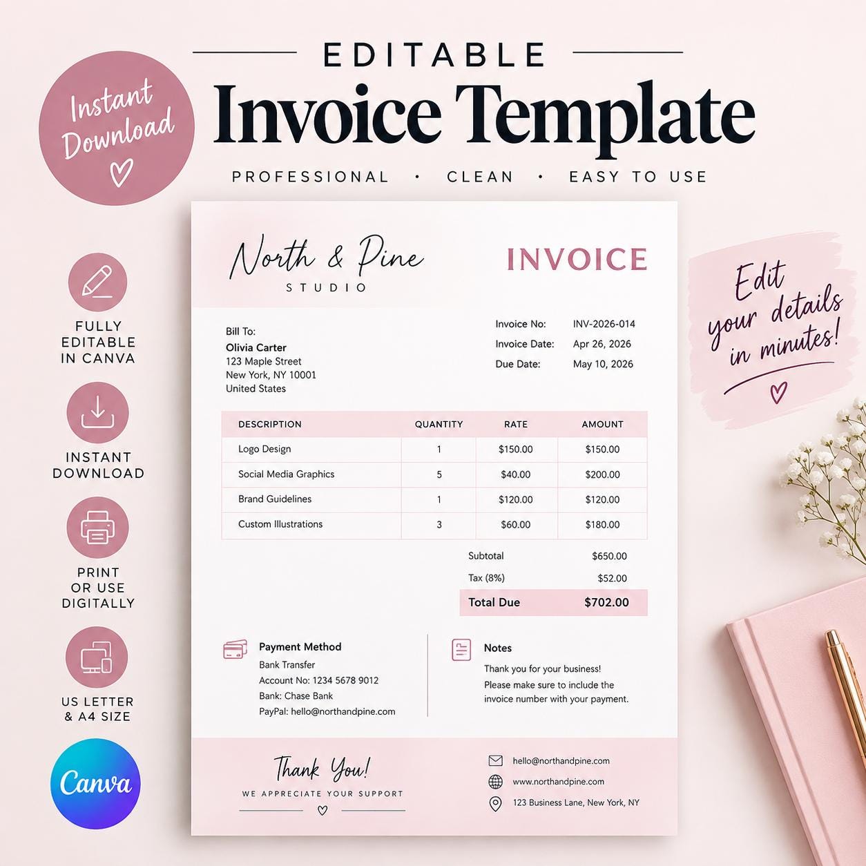 Editable Invoice Template, Canva Invoice, Professional Business Invoice ...