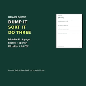 May include: A digital printable brain dump planner page on a dark green background. The text reads BRAIN DUMP, DUMP IT, SORT IT, DO THREE. The document includes lines for date and time, with prompts like Everything on your mind, is any order.