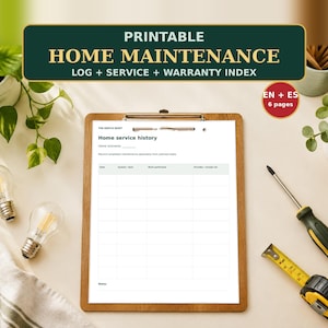 Puede incluir: Un portapapeles de madera con un registro de mantenimiento del hogar imprimible que incluye columnas para fecha, sistema, trabajo realizado y proveedor. El documento presenta el texto PRINTABLE HOME MAINTENANCE LOG.
