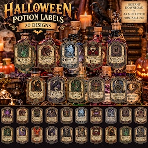 May include: A collection of 20 decorative Halloween potion labels featuring intricate illustrations and text such as Witch's Tears, Dragon's Blood, and Ghostly Essence. The labels are displayed on glass bottles and as a grid of individual designs.