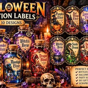 May include: A collection of ten decorative Halloween potion labels featuring gothic illustrations of pumpkins, dragons, snakes, and skulls. The labels include text such as Pumpkin Elixir, Bat Wings Elixir, Lavender Elixir, Moonlight Elixir, Witch's Brew, Snake Venom, Deadly Poison, Dragon Blood, and Nightshade Elixir.