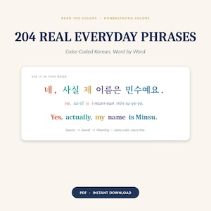Könnte beinhalten: Ein digitales Lehrmaterial mit dem Titel 204 REAL EVERYDAY PHRASES, das farbcodierten koreanischen Text, Romanisierung und englische Übersetzungen enthält. Das Layout zeigt den Satz 'Yes, actually, my name is Minsu' mit farblich abgestimmten Wörtern.