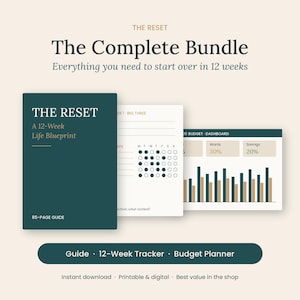 Könnte beinhalten: Ein digitales Set mit einem 85-seitigen dunkel-türkisfarbenen Leitfaden mit dem Titel The Reset A 12-Week Life Blueprint, einer wöchentlichen Gewohnheits-Tracker-Seite mit Kreisen und einem Budget-Dashboard mit Balkendiagrammen auf hellem Grund.