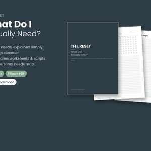 May include: A 28-page fillable PDF digital workbook titled The Reset: What Do I Actually Need? The document includes a feelings decoder, boundaries worksheets, scripts, and a personal needs map, presented with a dark cover and white pages.