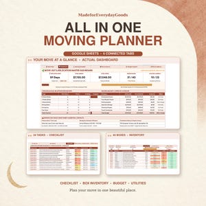 May include: A digital moving planner for Google Sheets titled ALL IN ONE MOVING PLANNER. It features a master dashboard, a 34-task checklist, and a 40-box inventory tracker. The layout uses a brown and white color scheme with organized tables.