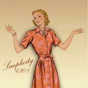 May include: Vintage illustration of a woman wearing a button-down dress with a floral pattern. The dress is orange with pink floral accents and a matching belt. The text "Simplicity 4308" is in the image.