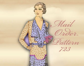 1920s Mail Order Dress Pattern 723 - Jazz Era Flapper Style - Bodice Jabot and Flared Skirt - Plus Size Bust 38