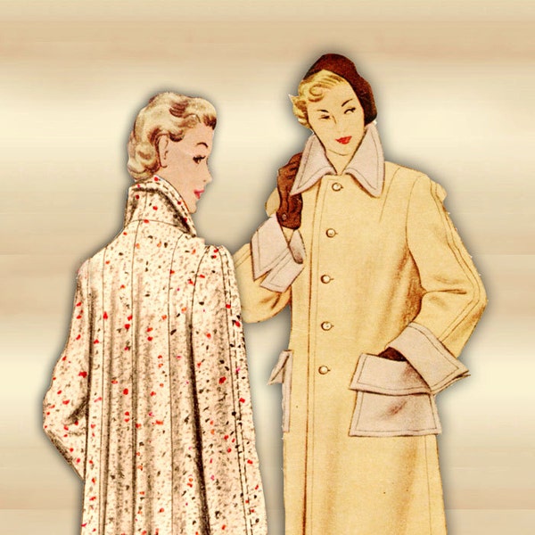 McCall 1940s Coat Pattern -WWII Era Tailored Front with 5 Buttons and Patch Pockets -  4 Gored Swingback - A Vintage Classic