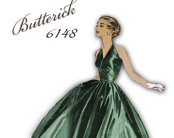 1950s Bombshell Dress with Halter Top and Surplice Bodice - Low Cut Back - Rockabilly Skirt - Butterick 6148