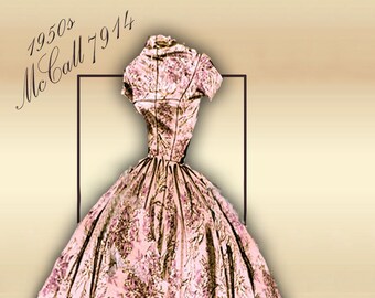 1950s Dress Pattern Advance 7914 -  Anne Fogarty Cocktail Dress  - Twirly Swirly Voluminous Skirt with Pockets -  Princess Seams Bodice