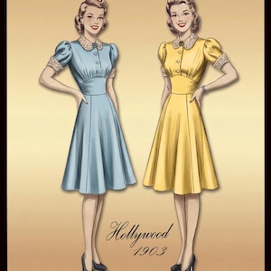 1940S Sewing Pattern Hollywood 1903: One Piece Dress, Two Lengths, Size 18 Bust 36