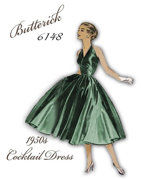 1950s Bombshell Dress With Halter Top and Surplice Bodice Low Cut