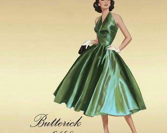 1950s Butterick 6148 Halter Dress with Surplice Bodice,  Low Back, Two Lengths