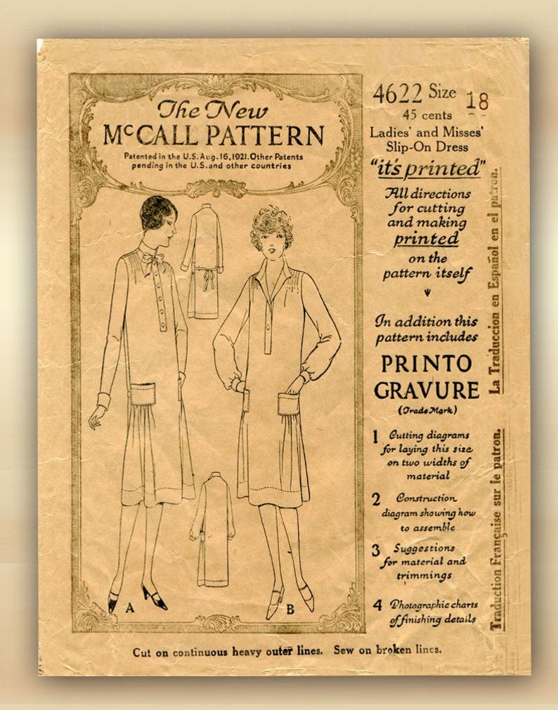 Original 1920s McCall 4622 Dress Pattern Slip On Flapper Chemise Style Bust 36.5