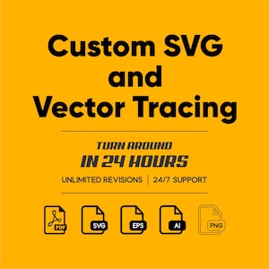 Può includere: Un annuncio grafico giallo con testo nero che recita Custom SVG and Vector Tracing, TURN AROUND IN 24 HOURS, UNLIMITED REVISIONS e 24/7 SUPPORT. In basso sono visualizzate cinque icone di formato file etichettate PDF, SVG, EPS, AI e PNG.