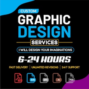 Puede incluir: Un anuncio de servicios de diseño gráfico sobre fondo negro con el texto CUSTOM GRAPHIC DESIGN SERVICES, I WILL DESIGN YOUR IMAGINATIONS y 6-24 HOURS. Incluye iconos para formatos de archivo PDF, SVG, EPS, AI y PNG con soporte técnico.