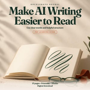 May include: An open book with a dark green calligraphic flourish on the right page, positioned behind dark-rimmed glasses. Text reads: OPCELERATE NEURAL, Make AI Writing Easier to Read, Use clear words and helpful structure, PDF LEARNING GUIDE, 13 pages • Printable + fillable, Digital download.